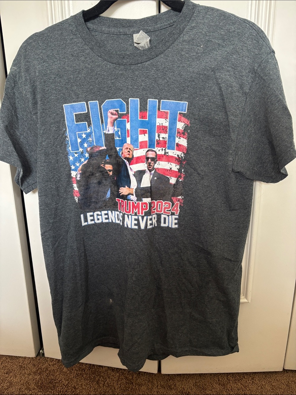 Gildan Dark Gray Short Sleeve Graphic Tee with Red, White & Blue Print